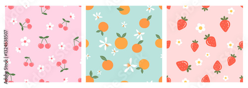 Fruits seamless patterns with heart shape cherry, orange, strawberry and white flower on pink and green backgrounds vector. Cute fruit prints.