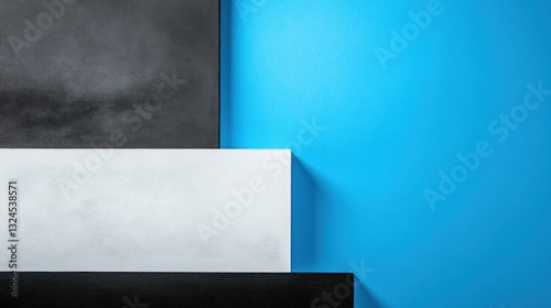 Bright blue background features stacked geometric shapes in black, white, and gray, forming a striking contrast that highlights contemporary design elements