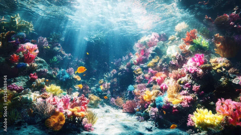 Naklejka premium Vibrant underwater coral reef scene with colorful corals and fish.