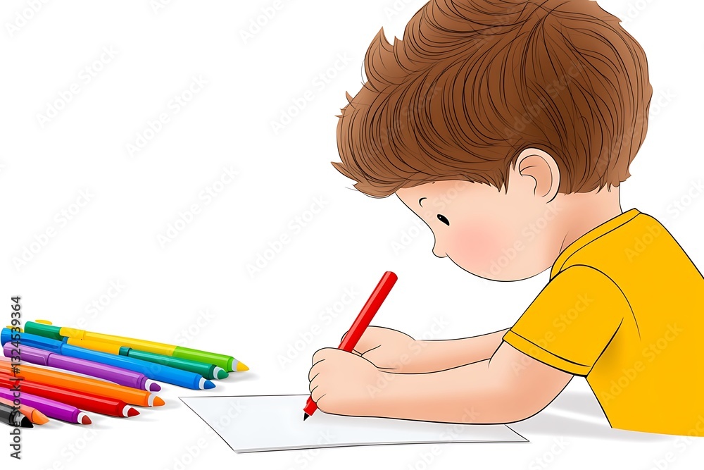 Child drawing colorful art; white background; learning Child drawing colorful art; white background; learning