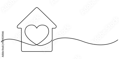 Home Sweet Home Continuous Line Icon, Love for home symbol in continuous line drawing style. Line art of heart with house. Vector illustration. Abstract background, Heart inside house continuous one. 