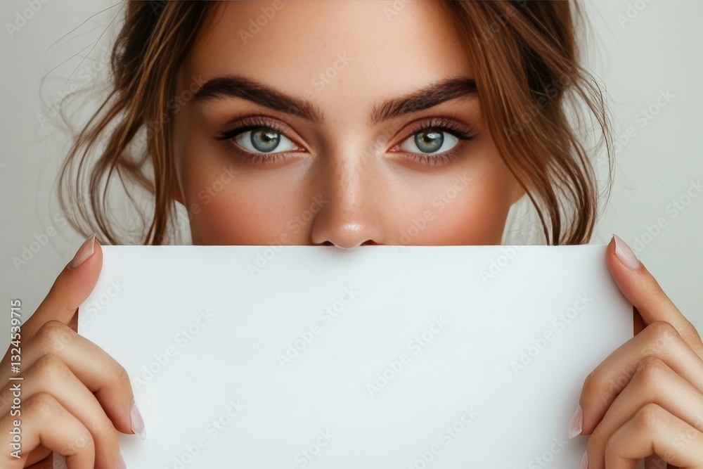 close up image of a woman holding a blank paper with her eyes prominently in view. The woman has stunning eyes and a soft skin texture. close up image of a woman holding a blank paper with her eyes prominently in view. The woman has stunning eyes and a soft skin texture.