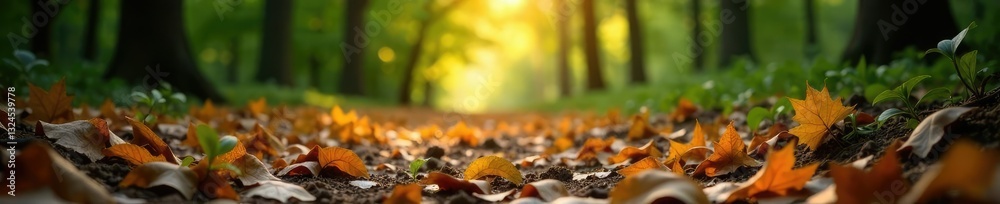 Empty and quiet forest floor with fallen leaves, stillness, leaf Empty and quiet forest floor with fallen leaves, stillness, leaf
