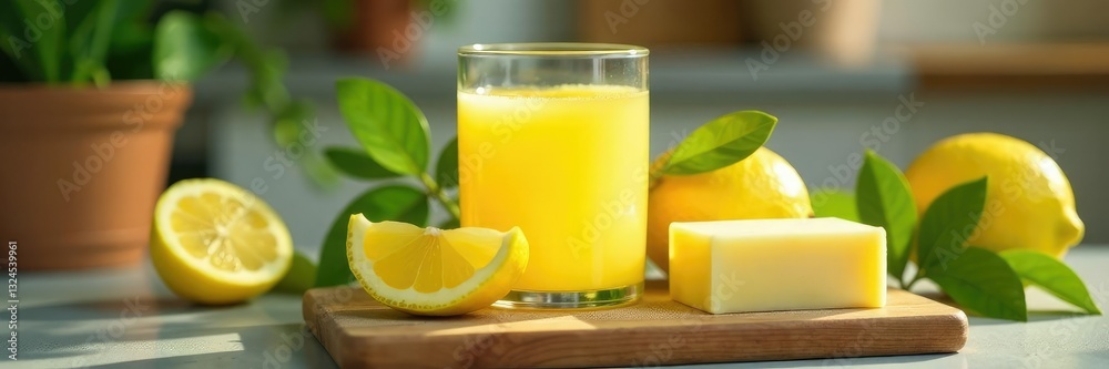 Freshly squeezed lemon juice in a glass with a bar of soap nearby, citrus, fresh, kitchen Freshly squeezed lemon juice in a glass with a bar of soap nearby, citrus, fresh, kitchen