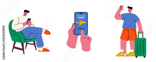 Online flight booking process. Man buying airplane ticket via mobile app and traveling with luggage. Travel preparation concept illustration