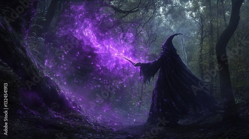A dark fantasy illustration of an evil witch in the woods, casting purple... photo