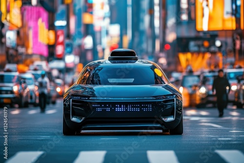 Autonomous taxi driving through times square in city