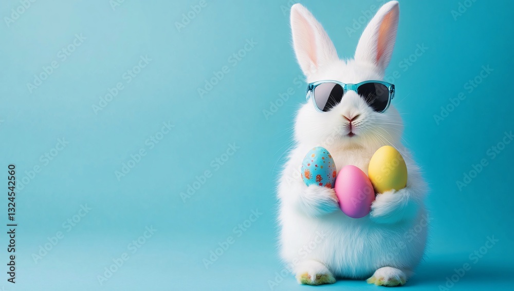 Fototapeta premium Cute white Easter bunny wearing stylish sunglasses, perfect for Easter and spring celebrations