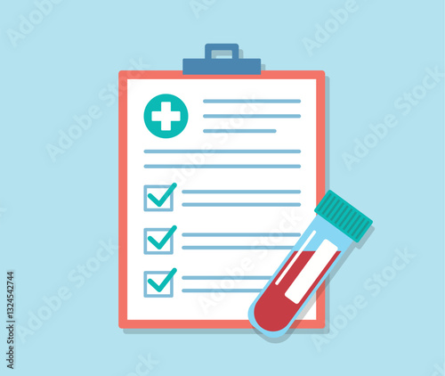 Medical questionnaire with blood test results. There is an ampoule of blood next to the checklist. Vector graphics in flat style.