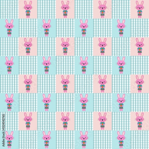 Cute and fun seamless pattern featuring a cartoon pink bunny dressed in a navy blue dress and holding a carrot arranged in a pastel blue checkerboard pattern.