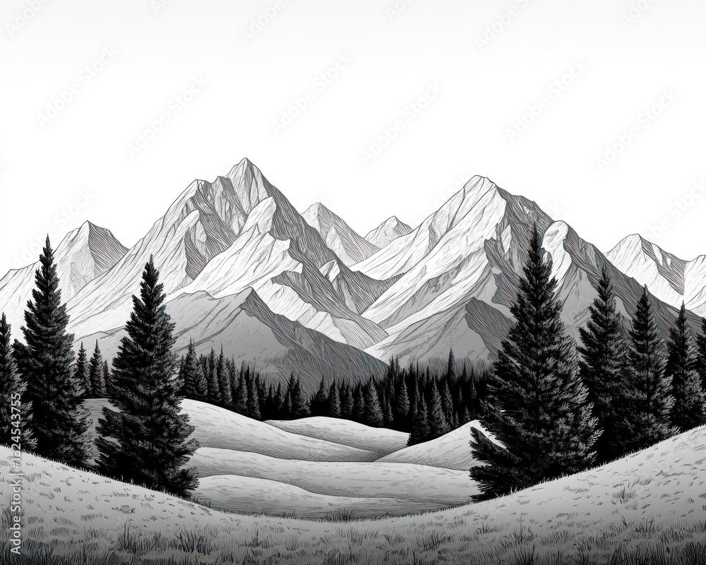 Fototapeta premium Monochrome mountain range, evergreen forest, serene valley; nature scene for print