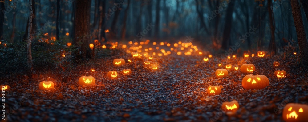 Fototapeta premium a path lined with glowing jack-o'-lanterns in a dark forest.