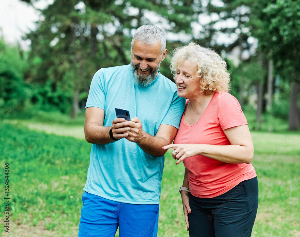 Fototapeta premium man woman outdoor retirement couple phone mobile smartphone mid adult middle age middle aged mature active park old using internet smart phone mature cell performance app