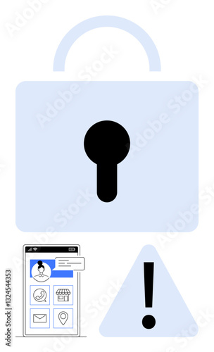 Large padlock with bold keyhole, smartphone displaying app icons, and warning triangle with exclamation. Ideal for cybersecurity, online privacy, mobile safety, alerts, encryption, hacking