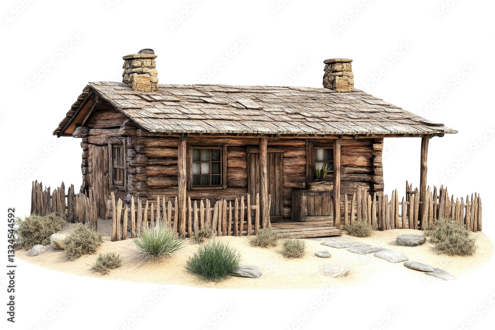 Charming rustic cabin surrounded by desert landscape with sparse vegetation and rocky accents isolated on transparent background