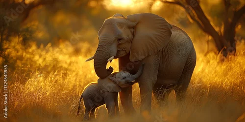 Fototapeta Elephant Mother and Calf at Sunset, Wildlife Animal Photograph, Elephants in Nature, Safari Elephant Image, Mother and Baby Elephants