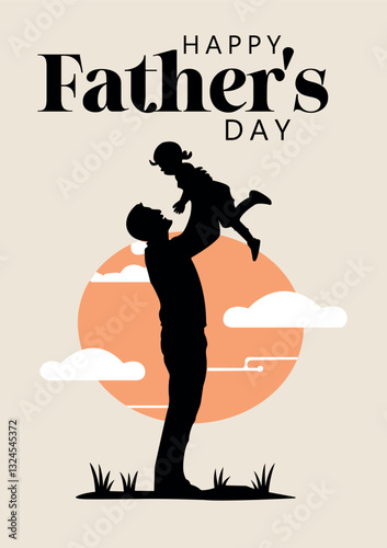 happy Father's Day card design Vector flat illustration of silhouettes of a man holding up his young daughter in the air,