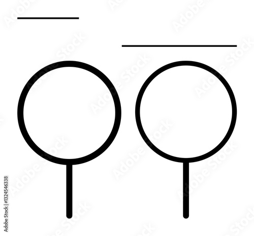 Two circular shapes with vertical lines form magnifying glasses, accompanied by horizontal lines overhead. Ideal for search, discovery, exploration, investigation, minimalism, focus, vision flat