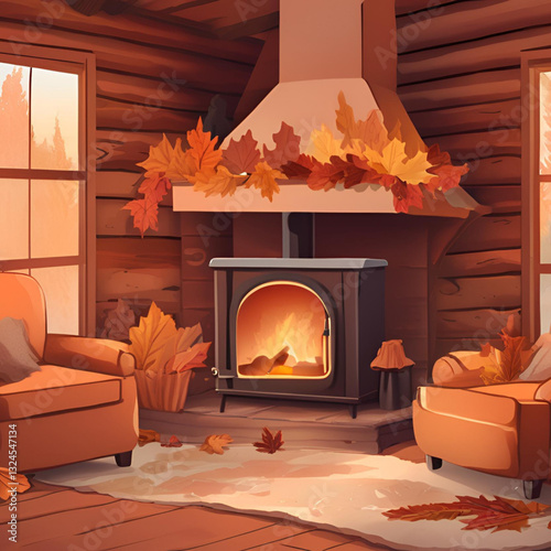 A cozy autumn scene shows a fireplace decorated with fall leaves in a rustic cabin. Two armchairs flank the fireplace, inviting relaxation and warmth.