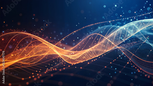A captivating depiction of vibrant waves and particles, beautifully illustrated in a dynamic abstract style. Light interacting with particles in space Music dynamic or connection concept.