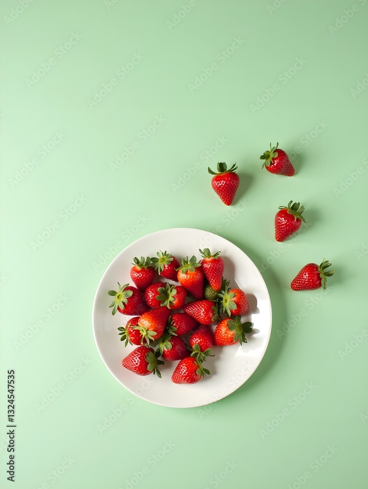 a realistic top-view lifestyle photo of a light green table. Arrange strawberries on a plate and table a realistic top-view lifestyle photo of a light green table. Arrange strawberries on a plate and table