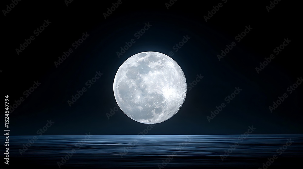 Full Moon Over Calm Ocean at Night. Full Moon Over Calm Ocean at Night.