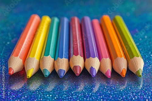 Variety of Colored Pencils Arranged Neatly on a Textured Blue Surface Creatin...