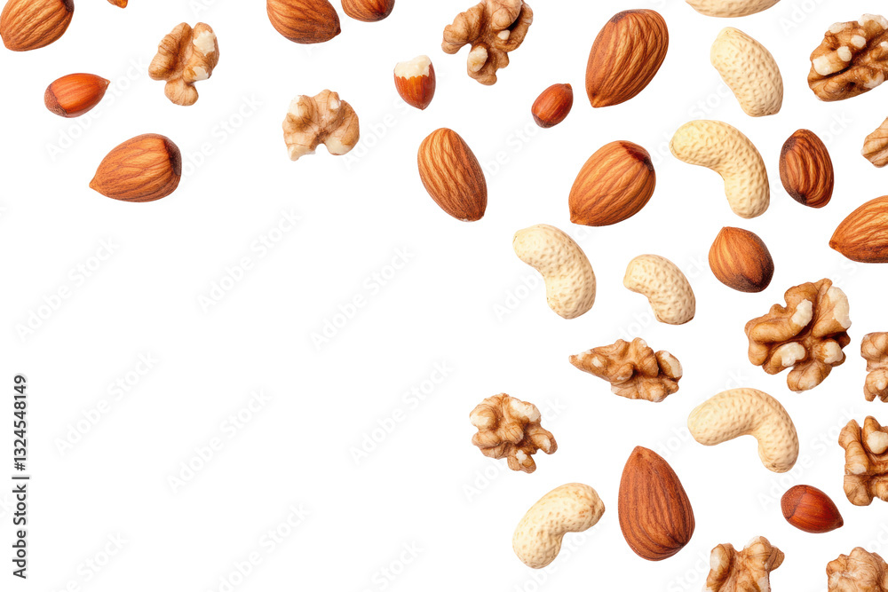Mixed nuts scattered on a white surface, cut out Mixed nuts scattered on a white surface, cut out