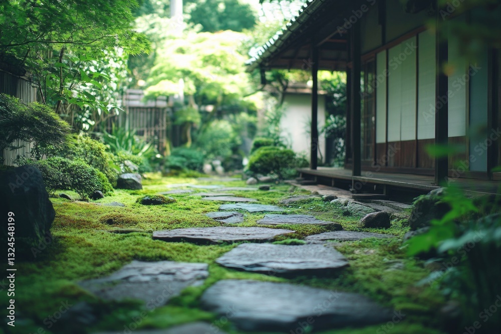 Pathway with stepping stones in Japanese garden Pathway with stepping stones in Japanese garden