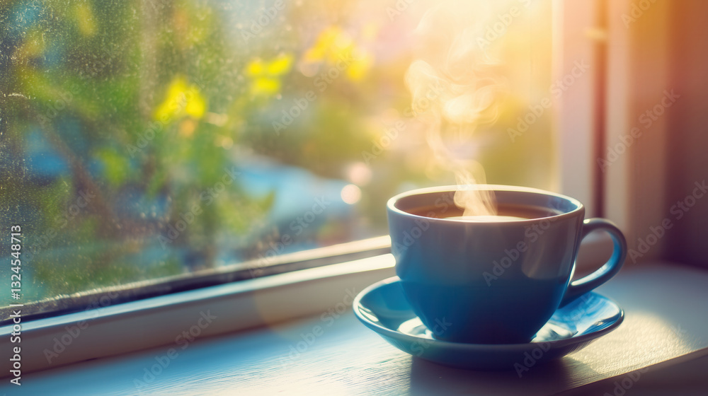 Obraz premium Steaming Cup of Coffee on a Windowsill with Warm Morning Sunlight