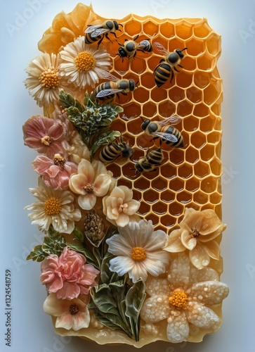 Bees and Honeycomb Surrounded by Delicate Flowers in Natural Setting
