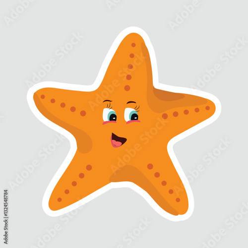 Cute Cartoon Starfish Vector Sticker. Cheerful starfish cartoon sticker with a happy expression. Perfect for ocean-themed designs, kids' decor, and marine life education