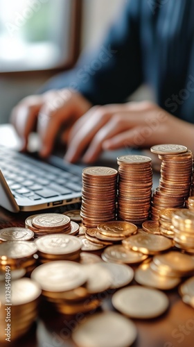 Stacked Coins and Laptop on Table During Financial Analysis in a Modern Works...