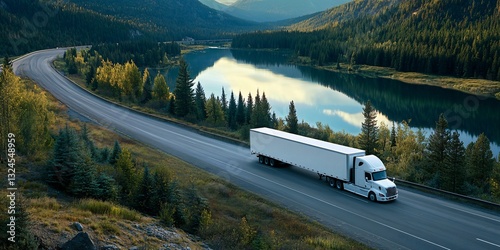 White semi-truck with trailer driving on scenic highway through lush green forest near lake and mountains at sunset
