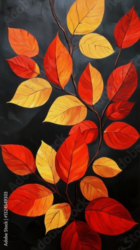 Vibrant Autumn Leaves in Shades of Red, Orange, and Yellow Against a Dark Bac...