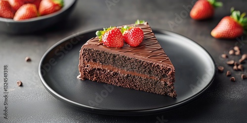 Indulgent Chocolate Cake Slice Served With Fresh Strawberries on a Dark Plate
