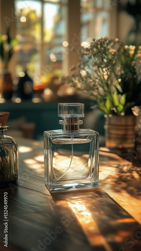 Elegant Glass Perfume Bottle on Wooden Surface in a Softly Lit Interior Space