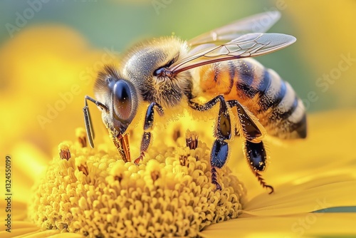 Bumblebee Collecting Nectar From Vibrant Yellow Flower in a Sunny Garden Setting
