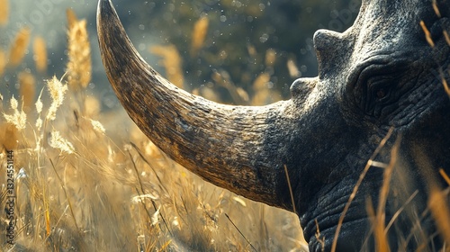 A close-up of an extinct giant rhinocerosâ€™ horn among Pleistocene grasses.