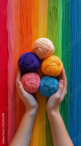 Vibrant Knitting Yarns Held in Hands Against a Colorful Backdrop