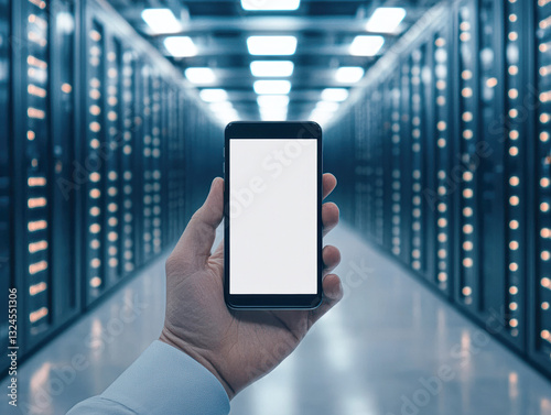 A hand holds a smartphone in a modern data center environment.