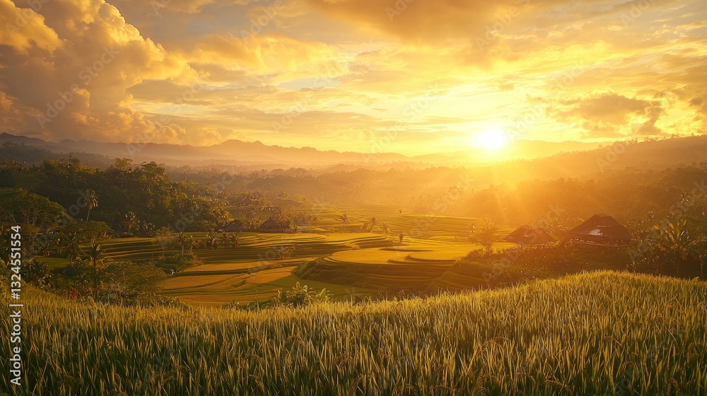 Obraz premium A beautiful golden sunset over rice fields and mountain landscape