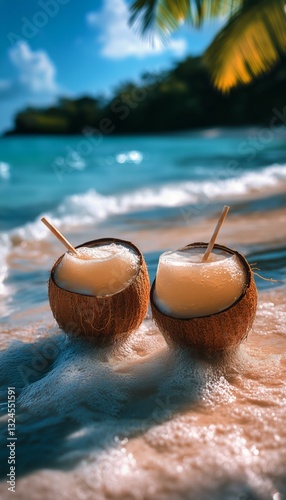 Refreshing Coconut Drinks on a Tropical Beach With Gentle Waves and Clear Blu...
