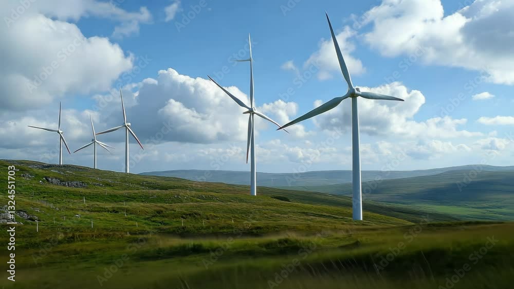 Wind turbines spinning in scenic hilly landscape with blue sky and clouds Wind turbines spinning in scenic hilly landscape with blue sky and clouds