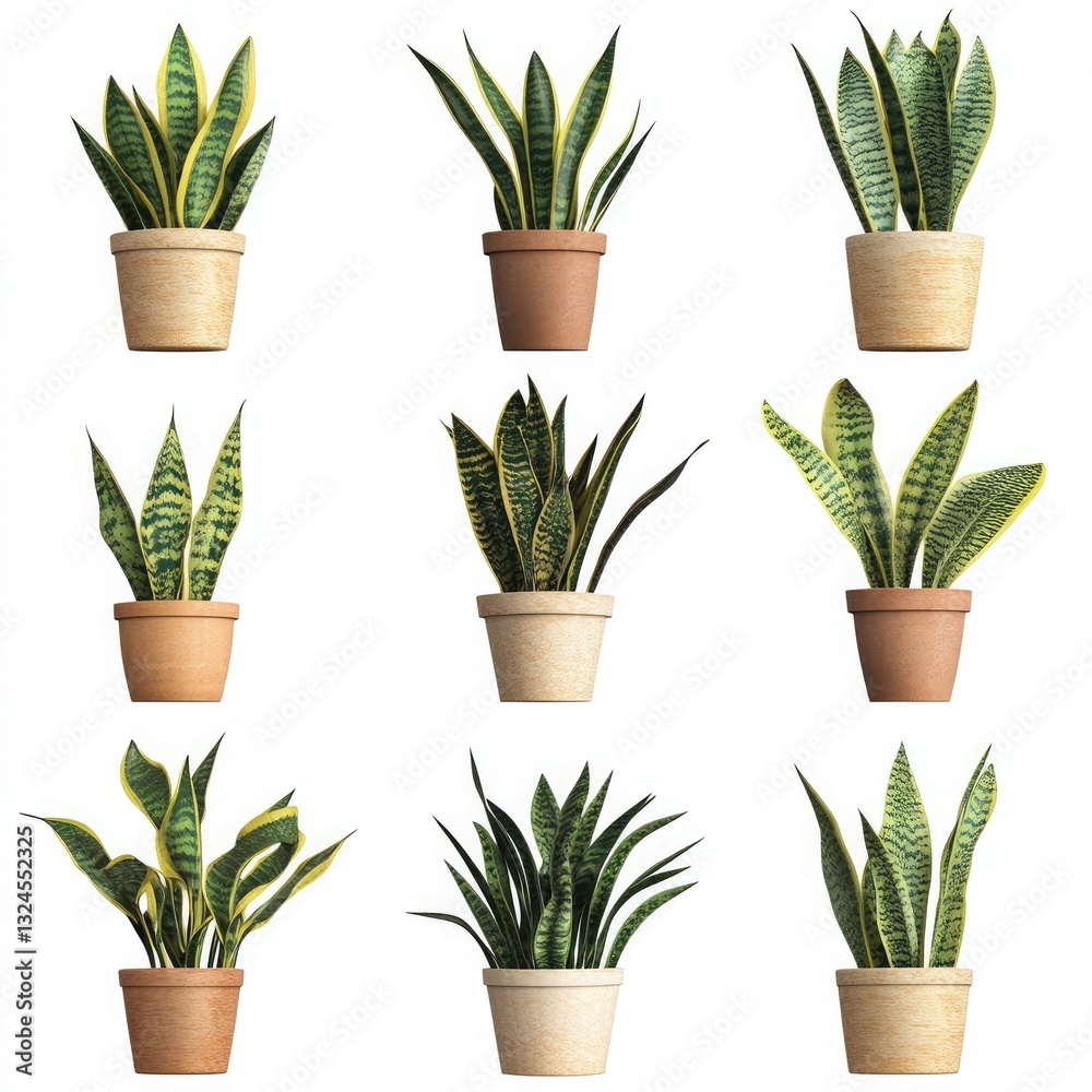 Nine Snake Plants in Terracotta Pots Isolated on White Background Nine Snake Plants in Terracotta Pots Isolated on White Background