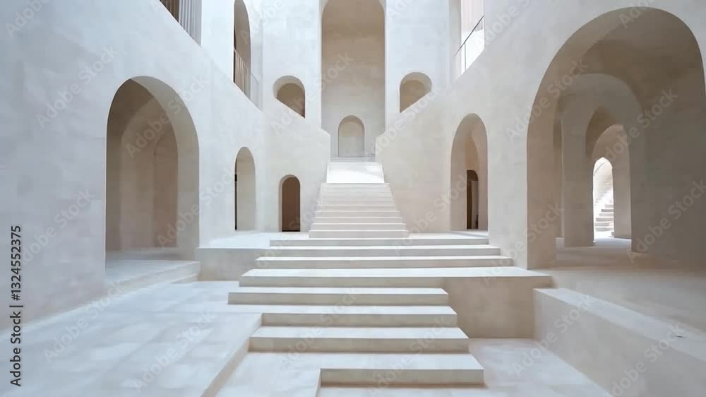 Serene architectural interior with soft lighting, featuring steps and arches in a minimalist design
