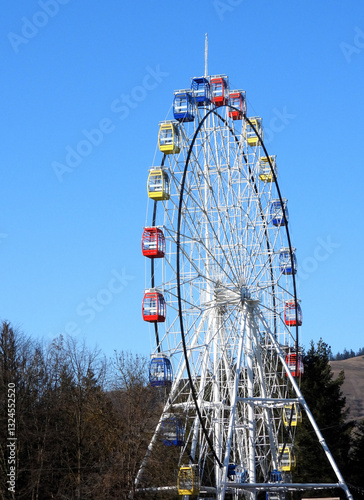 Ferries wheel in the park with red, yellow, blue cabins