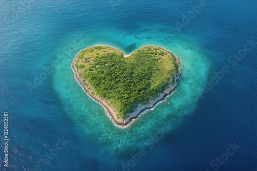 Heart-shaped Island Surrounded by Clear Blue Water at Sunset Captures the Bea...