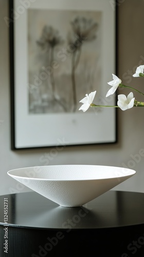 Minimalistic Interior With a White Bowl and Flowers on a Dark Table in Natura...