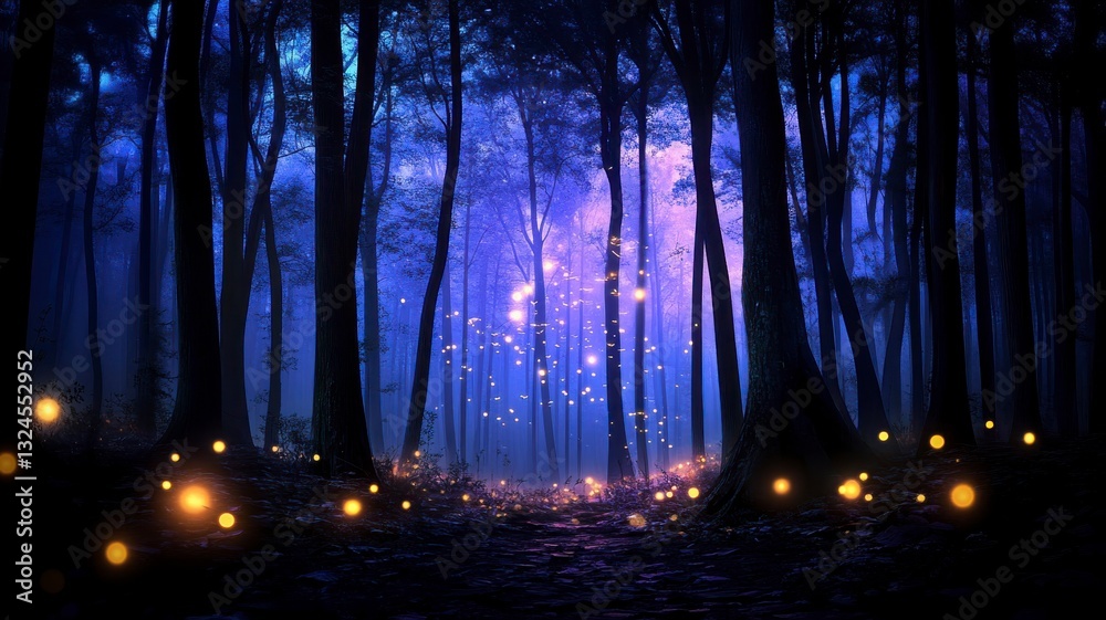 Fantasy Land Magical World comcept A mystical forest scene illuminated by soft lighting, creating an enchanting atmosphere.